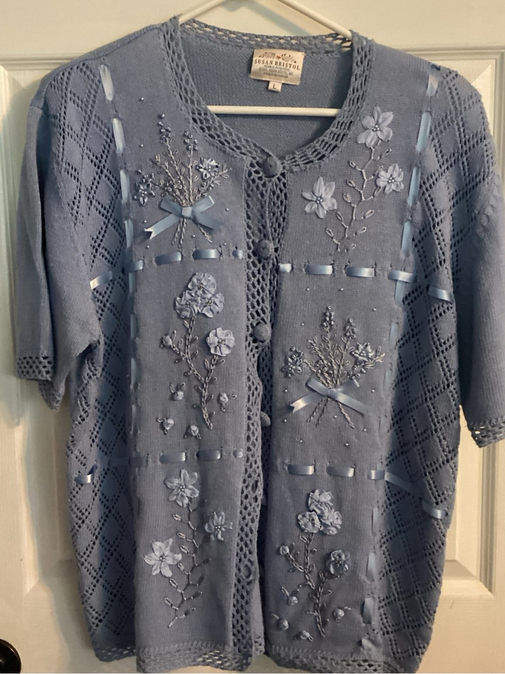 Susan Bristol Light Blue Floral Ribbon Knit Cardigan